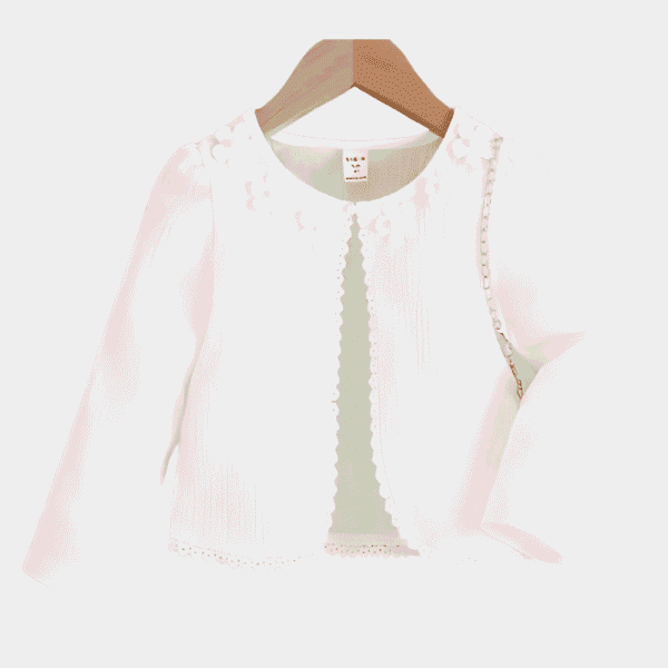 Sueter cardigan blanco con textura de rayas y tela elástica decorado con flores en 3D 