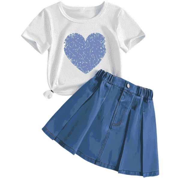 Conjunto franela con estampado de corazones y falda jean