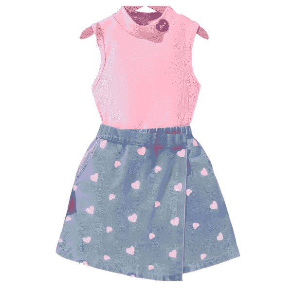 Conjunto de dos piezas con camiseta rosa falda pantalón de jean